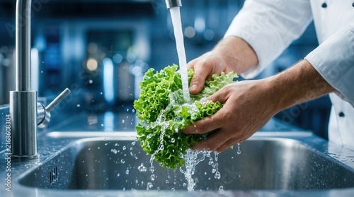Fototapeta kuchenna Fresh produce being washed under running water in a stainless steel sink, close-up of hands in an industrial kitchen