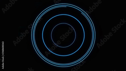 Futuristic blue HUD radar interface with concentric circles on a black background.