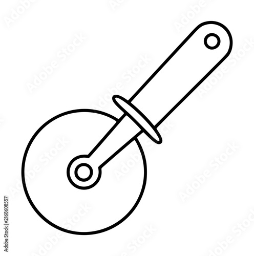 Minimalist pizza cutter vector icon featuring a sleek circular blade and ergonomic handle design, perfect for kitchen utensil illustrations, food preparation graphics, and culinary web design