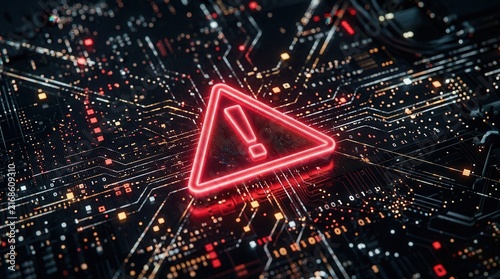 Fototapeta kuchenna Cybersecurity threat intelligence alert featuring a red warning triangle on a digital matrix for fraud detection.
