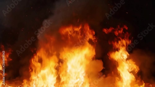 Intense raging fire with bright orange flames and dark smoke against a black background.