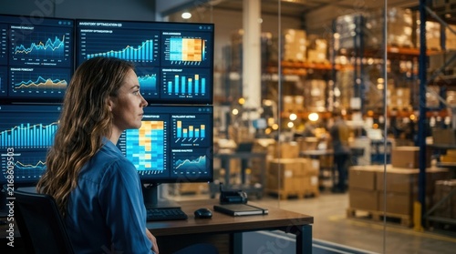 Predictive inventory AI dashboard glowing on screens with an analyst monitoring demand forecast charts in a fulfillment center