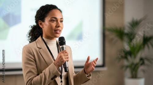 Business woman with a microphone and screen presenting confidently on stage