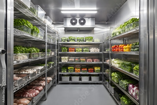Commercial Walk In Refrigerator with Stainless Shelving and Organized Fresh Ingredients Creates Efficient Kitchen Storage