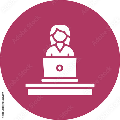 Woman Using Laptop Circle Icon, Female Working on Laptop Icon, Woman Laptop Computer Icon