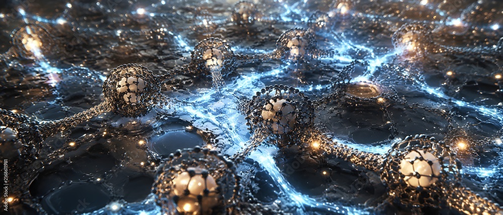 Obraz premium Nanotechnology Energy Network Connects Nanoscale Conductive Structures with Luminous Pathways for Advanced Power Research Applications