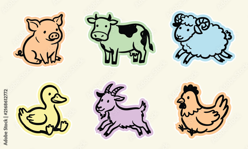 Obraz premium Cute colorful farm animal sticker set, featuring a pig, cow, sheep, duck, goat, and chicken.