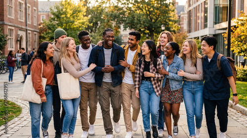Diverse Group of Happy College Students Walking and Laughing on University Campus