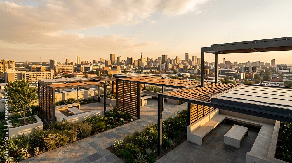 Obraz premium Rooftop terrace with modern wooden pergolas and concrete seating overlooks a dense city skyline at sunset.