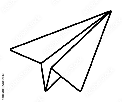 Sleek minimalist paper plane vector icon illustration showcasing a clean black outline of a classic folded paper airplane, symbolizing swift flight, communication, and creative messaging ideas.