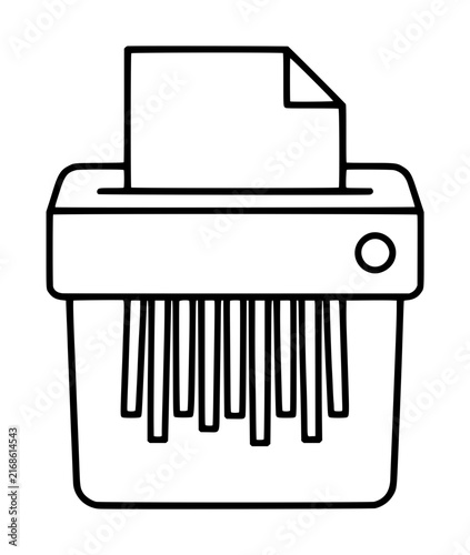 Minimalist paper shredder vector icon showing a document being destroyed into thin strips. This black and white line art illustration features a simple machine with a bin and paper slot.