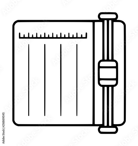 Minimalist vector icon illustration of a paper trimmer or rotary paper cutter tool for office and craft use, featuring measurement markings and a sliding blade for precision cutting tasks.