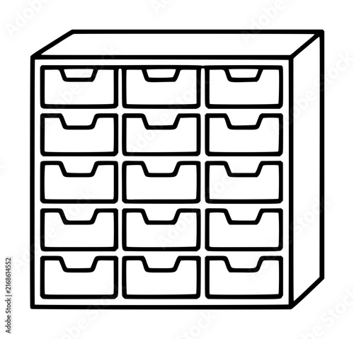 Minimalist vector icon illustration of a multi-drawer storage cabinet for organizing small parts, hardware, and craft supplies, featuring fifteen individual bins in a clean line art style.