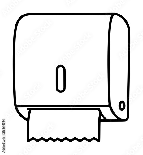 Minimalist hand-drawn paper towel dispenser vector icon illustration for bathroom or kitchen hygiene, featuring a clean line art design of a wall-mounted paper towel holder with a hanging sheet.