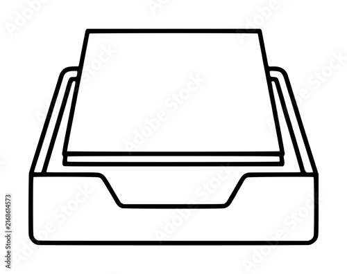 Minimalist vector icon of an office paper tray with a stack of documents inside, perfect for business organization, workflow management, and administrative tasks in a clean line art illustration.