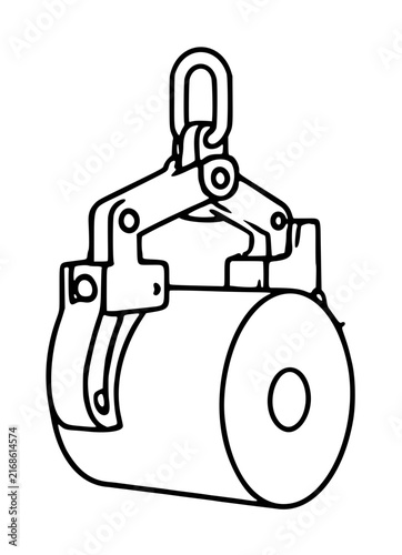 Industrial paper reel clamp vector icon showing a heavy-duty mechanical lifting device gripping a large cylindrical roll for transport in a warehouse or manufacturing facility illustration.