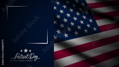 Patriot day text animation with dark blue background, white frame, stars, stripes, and united states flag. 4k animated typography suitable for patriotic events.