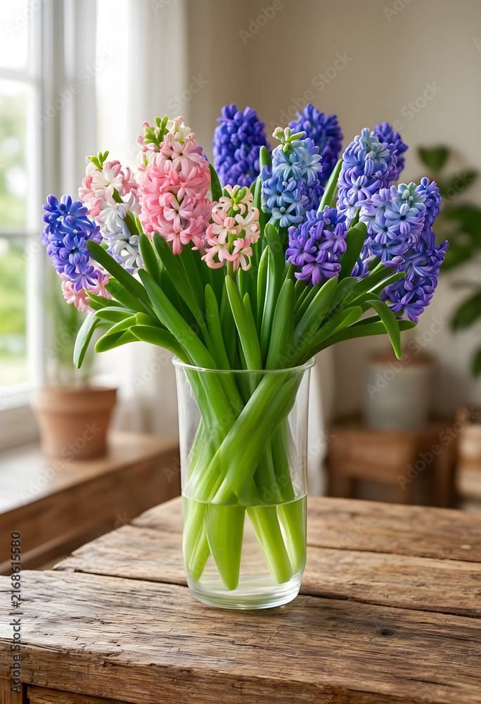 Naklejka premium Spring flower bouquet with colorful hyacinths in a glass vase, home decor and fresh floral arrangement