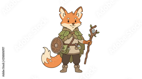 Obraz na plátně Adorable anthropomorphic fox warrior character dressed in woodland adventurer ge
