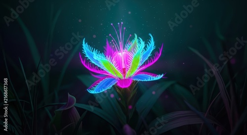 An ethereal, multi-colored glowing flower blooms in a dark, enchanted forest with sparkling lights.