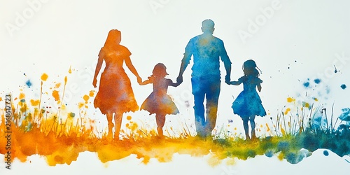 Watercolor painting of a family of four, parents and two daughters, walking handinhand