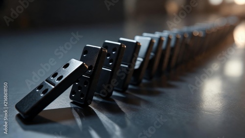 Domino blocks standing in perspective across reflective surface with shallow depth of field showing balance strategy sequence probability and the moment before a dramatic chain reaction begins indoor
