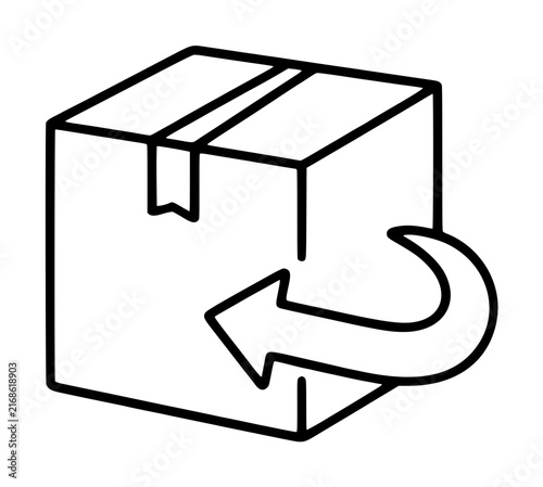 Bild auf Leinwand Minimalist black and white vector icon of a sealed cardboard box with a curved return arrow, ideal for e-commerce websites, logistics applications, shipping services, and refund policy graphics