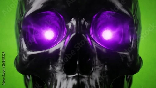 Dark Skull with Purple Glowing Eyes on Vibrant Green Background