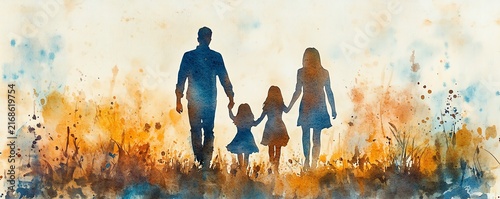 Watercolor painting of a family of four, parents and two daughters, walking handinhand