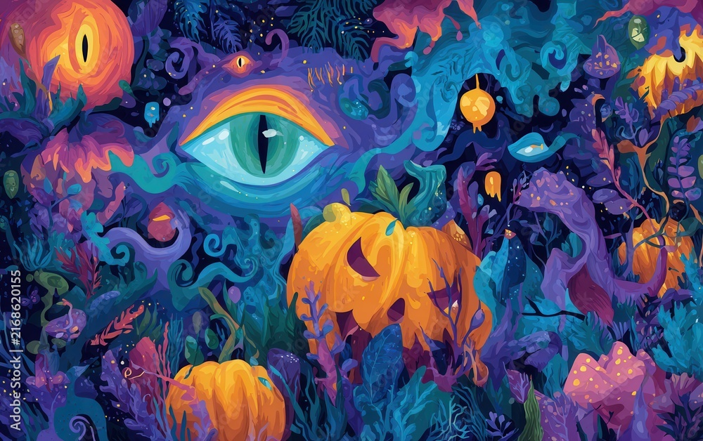 Fototapeta premium Halloween eye watching pumpkins in mystical forest