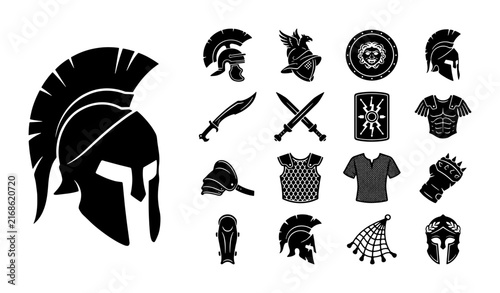 Foto Ancient Spartan warrior helmet and gladiator equipment set, 16 black silhouette
