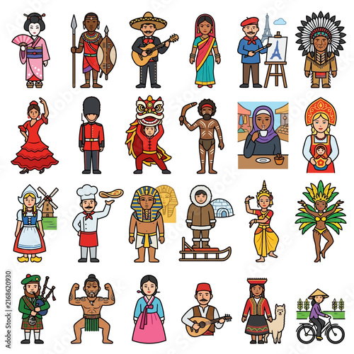 Diversity - A vast collection of diverse people and world culture icons showcasing traditional dress for global unity.