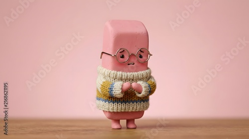 Cute rubber eraser character wearing glasses and sweater