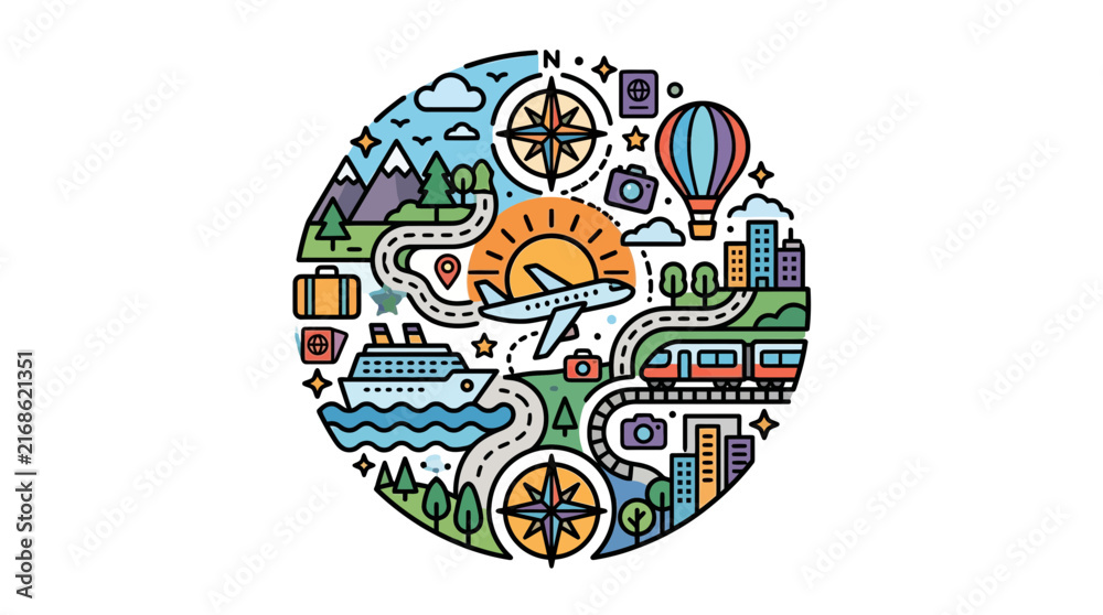 Fototapeta premium A colorful circular illustration representing travel and adventure through various transportation modes for tourism and global vacation planning.