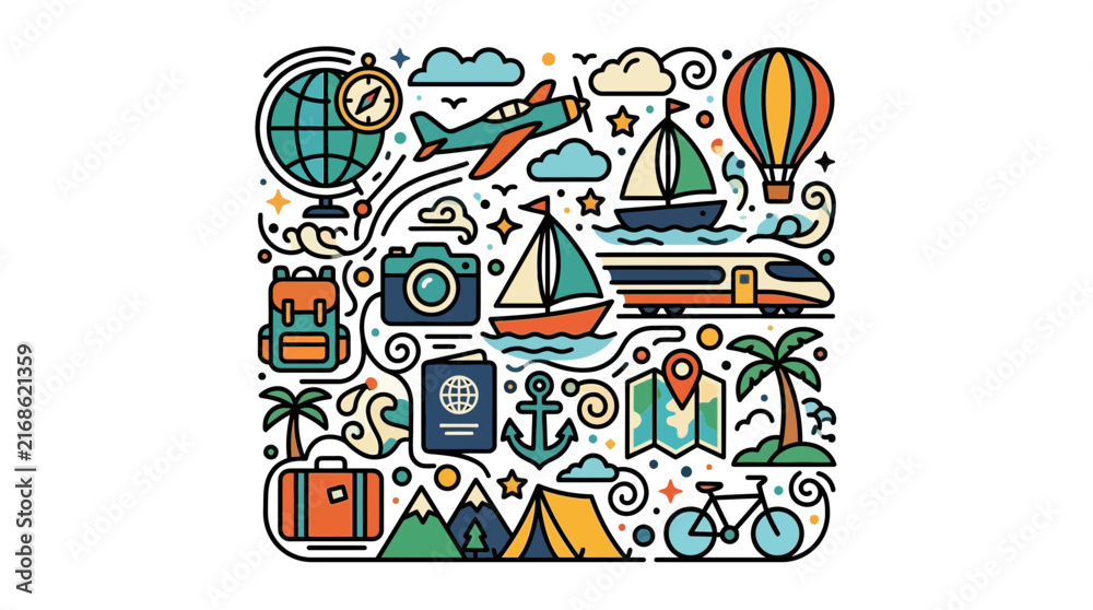 Fototapeta premium A comprehensive travel vacation adventure and tourism journey concept featuring icons like a plane, camera, and globe in a flat doodle style.