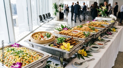 Canvastavla Asian buffet catering table with variety of gourmet dishes at a corporate event