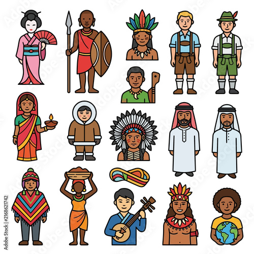 Diversity, tradition - Diverse global people representing unique culture and ethnicity traditions from across the world in a vibrant multicultural