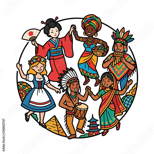 A vibrant illustration celebrating global diversity and multicultural culture through a unity of people from different nations around the world.