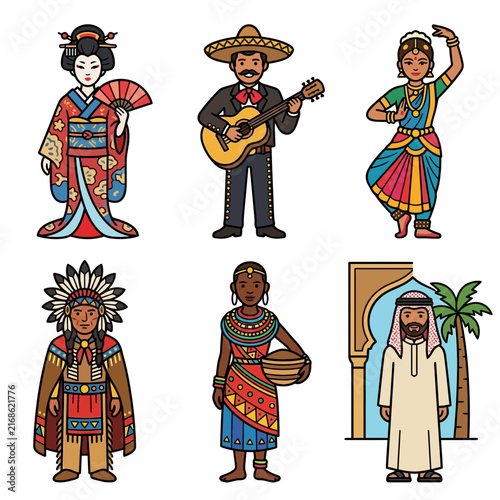 Multicultural diversity showcasing global tradition and culture through a collection of diverse ethnic characters in traditional world costumes.