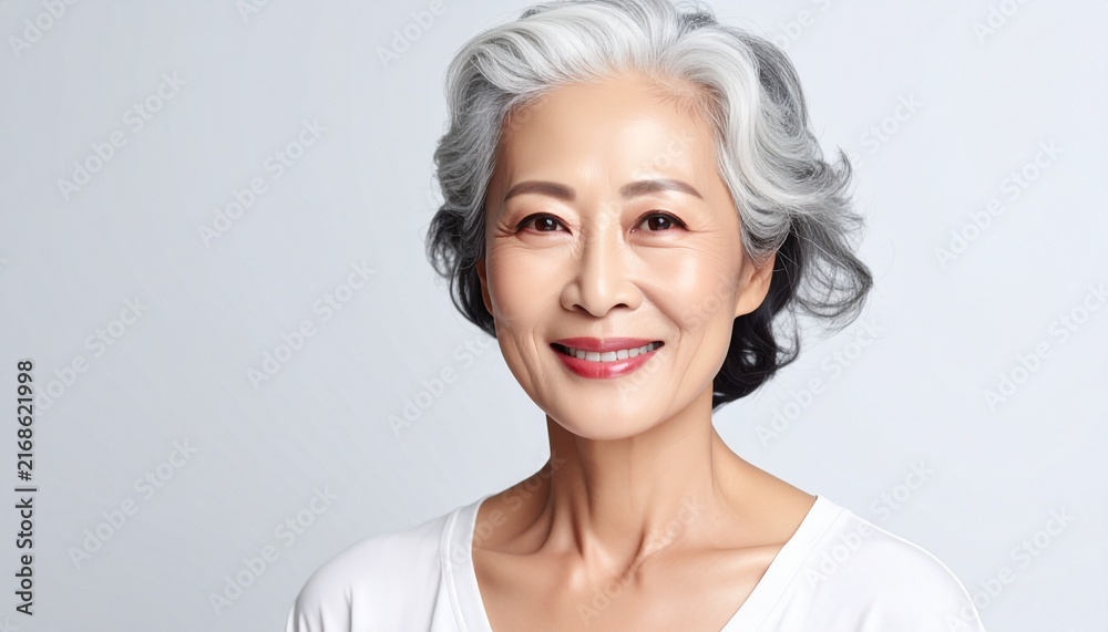 Fototapeta premium Graceful Asian Woman in Her 60s Portrait with Silver Hair on White Background