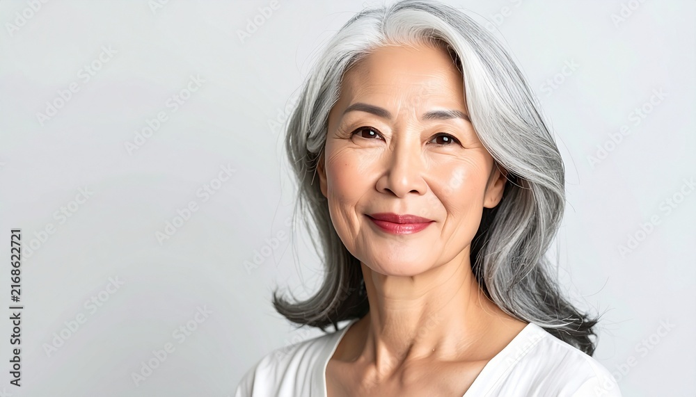 Fototapeta premium Graceful Asian Woman in Her 60s Portrait with Silver Hair on White Background