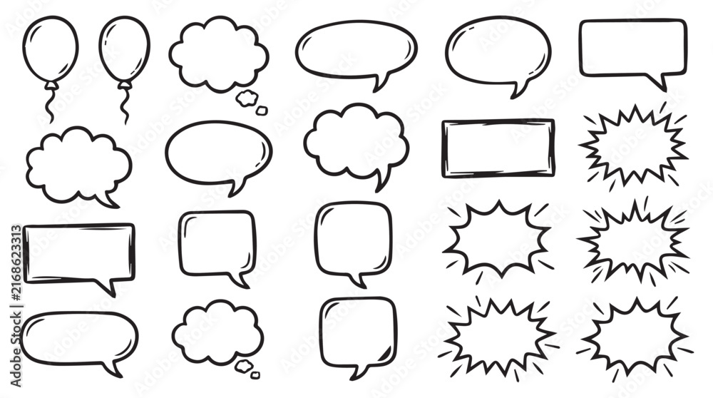 Fototapeta premium Set of hand drawn speech bubbles and thought clouds sketch style isolated on white background