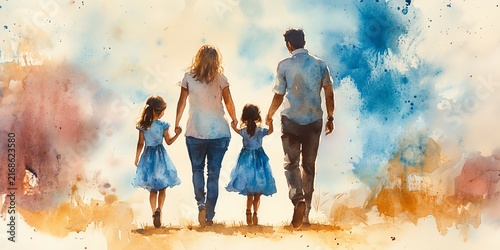 Watercolor painting of a family of four, parents and two daughters, walking handinhand