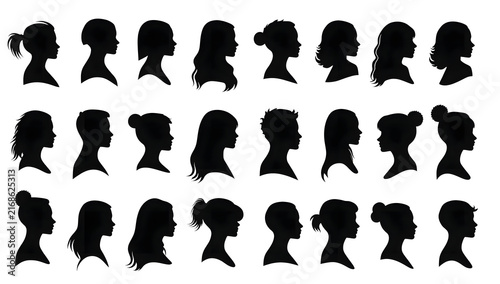 Set of diverse female head silhouettes in profile view isolated on white background