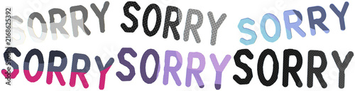 Foto A retro risograph-style collage of repeated sorry lettering in varied colors and halftone textures