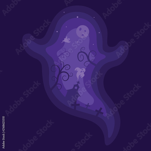 Ghost Shaped Halloween Scene with Spirits, Witch, Moon and Cemetery, Purple Flat Vector Background for Posters, Cards and Seasonal Decorations
