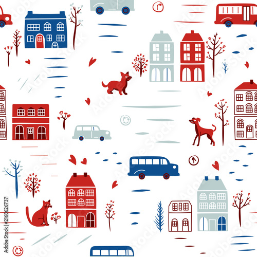 Seamless vector city pattern featuring hand-drawn houses, cars, buses, trees, and cute pets, including dogs and cats. Cute naive doodle cityscape illustration in a classic color palette of navy blue