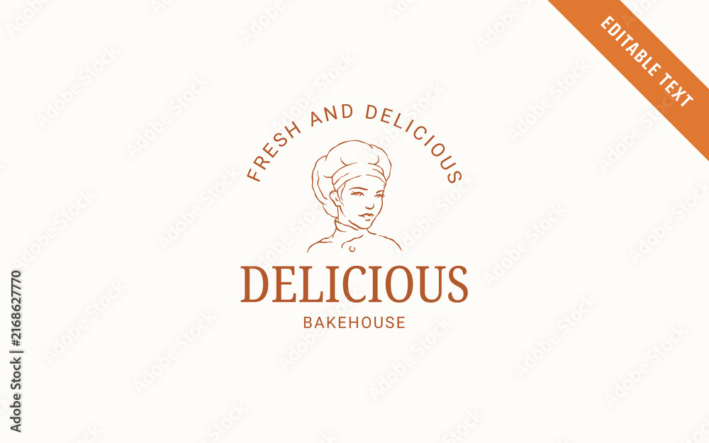 Obraz premium Warm terracotta bakery logo template featuring delicate hand drawn female chef line art, elegant stacked serif typography, fresh baking theme, editable text for local neighborhood bakehouse identity