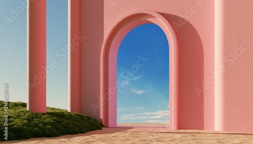Soft pink architectural archway reveals bright blue sky with clouds and green hill