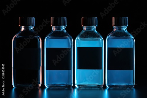 Four clear glass bottles with dark labels reflect blue and orange light